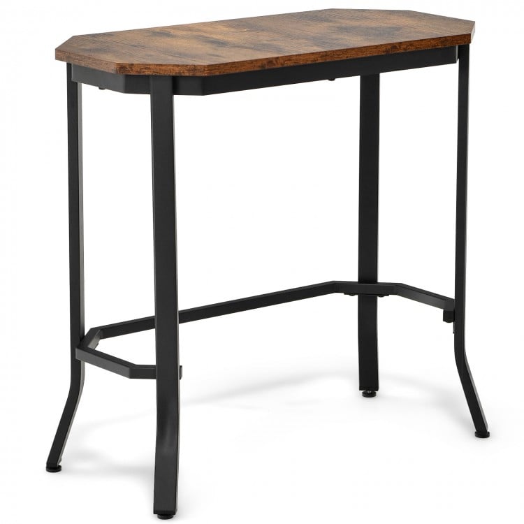 Narrow end side sofa table with rustic brown engineered wood tabletop and heavy-duty steel frame, ideal for living.